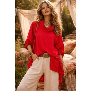 Red Cotton Tunic Top Cowl Neck Textured Boho Oversized Pocket